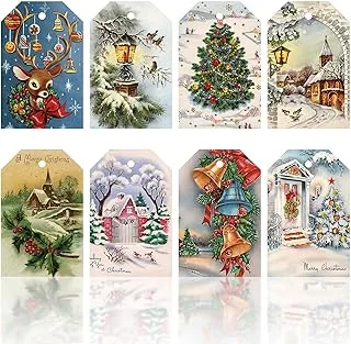 120Pcs Christmas Tags with 30m / 98.4ft Hemp Rope Vintage Seasonal Wishes Labels Holiday Season Gift and Favor Tags for Seasonal Favors Xmas Parties and Celebrations, 8 Styles