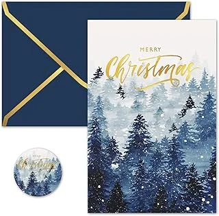 24 Packs Merry Christmas Gold Foil Greeting Cards Watercolor Blue Forest Xmas Tree Blank Note Cards with Envelopes and Stickers for Christmas Winter Holiday, 4 x 6 Inch