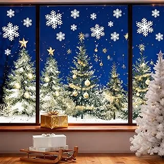 9 Sheets Christmas Window Clings Window Decals Watercolor Xmas Tree Ball Winter Forest Reusable Anti-Collision PVC Stickers for Holiday Home Glass Mirror Decor