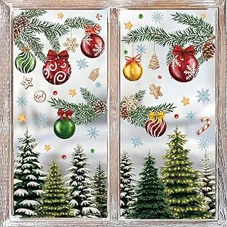 9 Sheets Vintage Christmas Window Cling Stickers Retro Forest Snow Tree Ball Reusable Window Decals for Xmas Winter Party Home Office Classroom Decoration