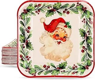 Christmas Paper Square Plates 40 Pieces Vintage Santa Claus Xmas Wreath Party Disposable Tableware Holiday Supplies for Home Kitchen Table Decor, 9 Inch