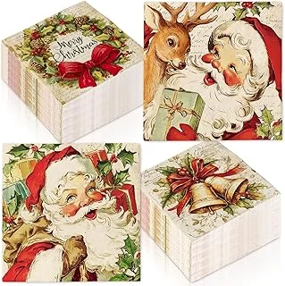 100Pcs Christmas Paper Napkin Vintage Santa Claus Reindeer Disposable Luncheon Napkins Dinner Dessert Napkins for Winter Xmas Party Supplies Table Decor