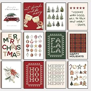 12 Sheet Christmas Wall Art Prints Vintage Xmas Tree Truck Hanging Ball Posters Retro Paper Wall Arts for Living Room Bedroom Decor, 8 x 10 Inch, Unframed