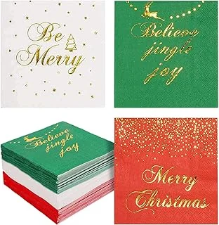 120 Pack Christmas Disposable Paper Napkins, 3-ply Gold Foil Design Beverage Cocktail Napkins for Holidays Dinner Party Supplies, Folded 5 x 5 Inches