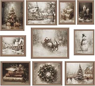 10Pcs Christmas Vintage Wall Art Prints Retro Xmas Tree Santa Snowman Paper Posters Winter Rustic Picture Decoration For Party Gallery Living Room Office, Unframed