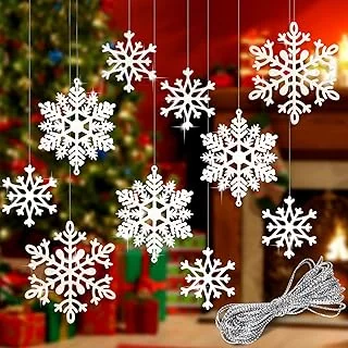 40Pcs White Glitter Snowflake Winter Snowflake Ornaments Christmas Hanging Decorations with 197 Inches Silver Rope for Wedding Birthday Home Xmas Tree Window Door Accessories