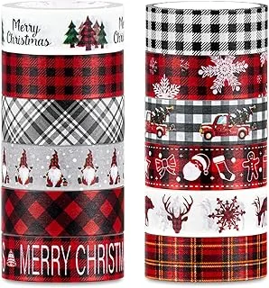 12 Roll Christmas Washi Tape Plaids Xmas Tree Snowflake Gnome Truck Washi Tape Christmas Classic Red Black Decorative Masking Tape for Xmas Scrapbook Bullet Journal DIY Craft Gift Wrapping