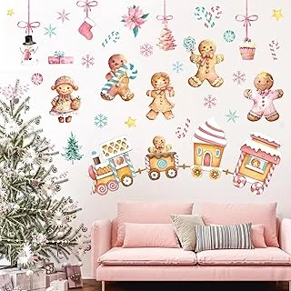 Christmas Wall Stickers Watercolor Pink Gingerbread Man House Candy Cane PVC Wall Decals for Winter Party Home Classroom Office Decoration, 2 Sheets