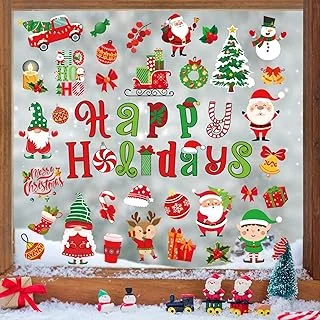 9 Sheets Christmas Window Cling Stickers Xmas Santa Reindeer Cartoon Reusable Window Decals for Holiday Party Home Office Classroom Decoration
