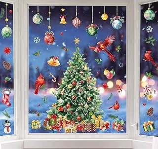 6 Sheet Large Christmas Window Clings Watercolor Xmas Tree Cardinal Bird Pine Reusable Window Decals for Winter Holiday Party Home School Office Decor