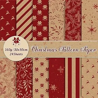 24 Pack Christmas Pattern Papers Rustic Xmas Scrapbook Paper 12 Designs Double-Sided Kraft Red Craft Paper Folded Flat for DIY Card Making Photo Album Decor