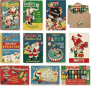 Retro Christmas Greeting Cards 40 Pack Vintage Xmas Cartoon Blank Note Cards with Kraft Envelope Matching Seal Stickers for Holiday Invitation Supplies, 10 Design, 4 x 6 Inch