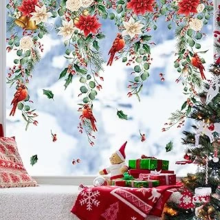 9 Sheets Christmas Floral Window Cling Stickers Hanging Poinsettia Flowers Eucalyptus Leaves Reusable Window Decals for Xmas Winter Party Home Office Classroom Decoration