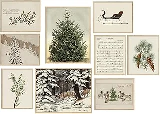 Christmas Wall Art Prints Vintage Watercolor Pine Tree Posters Retro Woodland Scene for Winter Holiday Living Room Bedroom, 9 Sheet, Unframed