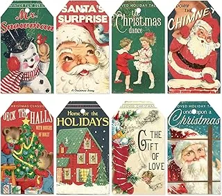 120Pcs Vintage Christmas Paper Gift Tags Santa Snowman Retro Blank Hanging Labels with Hemp Rope for Xmas Winter Holiday Present DIY Crafts, 8 Designs