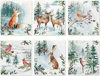 6Pcs Winter Christmas Swedish Dishcloths Snowy Forest Animal Cotton Kitchen Towels Reusable Absorbent Dish Towels for Xmas Home Party Housewarming Cleaning, 7 x 8 Inch