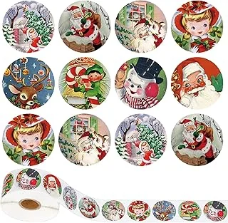 1000Pcs Christmas Roll Stickers 1.5Inch Vintage Patterns Round Sticker in Roll Rustic Santa Claus Elk Snowman Elf Printed Label Paper Stickers for Xmas Seals Cards Presents Envelope, 8 Designs