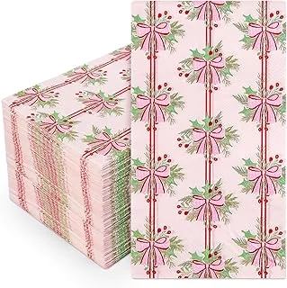 100Pcs Pink Bow Christmas Napkins Holly Berry Guest Napkins Xmas Bowknot Dinner Hand Towel Paper Napkin For Bathroom Birthday Baby Shower Party Table Wedding Family Gathering Supplies