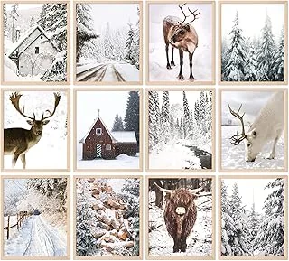 8x10in 12Pcs Winter Wall Art Prints Cozy Christmas Room Decor Scandinavian Poster Snow Forest Frost Pictures Xmas Tree Deer Mountain House Photo for Gallery Wall Home Nordic Decor(UNFRAMED)