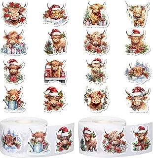 1000Pcs Christmas Highland Cow Stickers Xmas Poinsettia Cattle Self-Adhesive Sticker Decals for Birthday Holiday Party Decor Supplies, 2 Rolls, 16 Designs