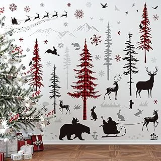 Christmas Wall Stickers Roll Red Black Plaid Xmas Tree Wall Floor Decor Forests Animals Prints Waterproof Art Wallpaper Winter Scenes Double Side Window Decals for Xmas DIY Home Party Decor