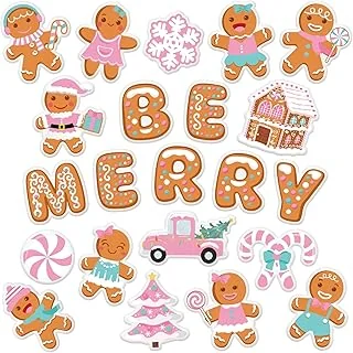 Christmas Paper Cutouts Pink Gingerbread Man Cut-Outs Be Merry Bulletin Board Decoration Set with 100Pcs Glue Points for Xmas Winter Party Classroom, 46Pcs