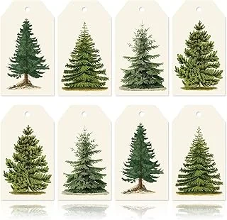 120Pcs Christmas Tree Gift Tags with Rope Vintage Green Beige Paper Tags Xmas Winter Hanging Labels for Gift Wrapping DIY Crafts, 4 Designs
