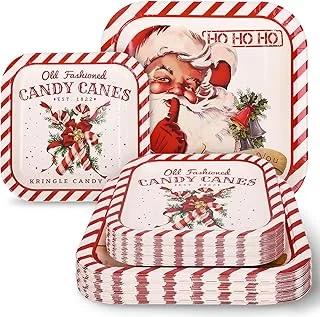 40Pcs Christmas Vintage Tableware Set Santa Candy Cane Stripe Paper Plates 7 & 9 Inch Retro Xmas Square Disposable Plates for Holiday Party Table Supplies