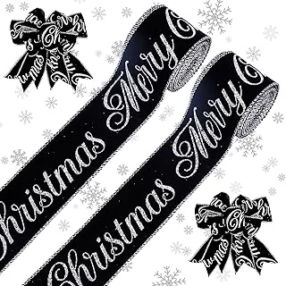 2 Rolls Christmas Velvet Wired Ribbon 2.5 Inch Merry Christmas Black Silver Glitter Xmas Decor for Gift Wrapping, Bow, Wreath Crafts, Home Decor, 20 Yards