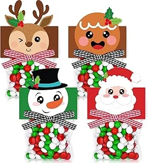 180 Pcs Christmas Self-Adhesive Goody Bag with Topper Bow Snowman Santa Elk Gingerbread Candy Cello Bag Plastic Xmas Favor Treat Bag for Winter Party Wrapping