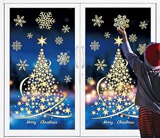 4 Sheets Large Christmas Window Cling Sticker Golden Xmas Tree Winter Snowflake Reusable Window Decals for Home Shop Glass Door Decor, 38Pcs