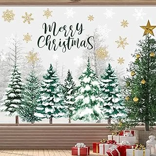 6 Sheets Merry Christmas Window Clings Large Xmas Tree Gold Snowflake Snowy Forest Reusable Anti-Collision Windows Decals for Winter Holiday Home Glass Mirror Decor