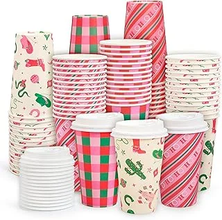 Christmas Disposable Coffee Cups Xmas Pink Buffalo Plaid Western Paper Cups with Lids 16 Oz To Go Coffee Cup for Holiday Party Cafe Hot Cold Drinks, 48 Pcs