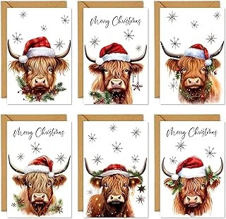 36 Pack Merry Christmas Greeting Cards Snowflake Highland Cow Blank Note Card with Envelopes Stickers Glue Stick for Xmas Winter Holiday Party Invitations, 4 x 6 Inch