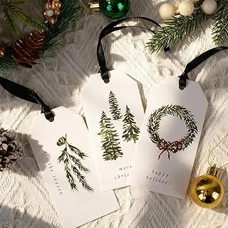 90 Pcs Christmas Paper Gift Tags Blank Tags Xmas Tree Holly Greenery Hanging Labels with Ribbon for Winter Holiday Party Present DIY Crafts, 3 Designs