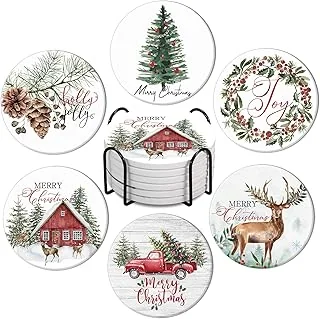 6Pcs Christmas Ceramic Coasters with Holder Watercolor Farmhouse Drink Coasters Xmas Tree Truck Reindeer Absorbent Cup Mat for Holiday Home Kitchen Party Table Decor