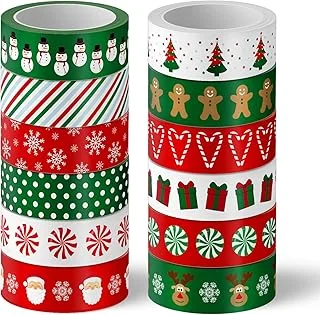 12 Rolls Christmas Washi Tape Red Green Xmas Tree Snowman Santa Candy Cane Decorative Masking Tape for Scrapbook Journal DIY Art Craft Gift Wrapping