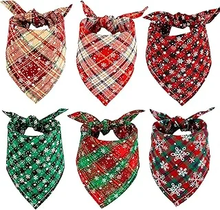 6 Pack Christmas Dog Bandanas Reversible Red Green Buffalo Plaid Triangle Bids Snowflakes Pet Scarf Washable Cotton Pet Neckerchief Dog Costume Accessories Decoration for Cats Dogs