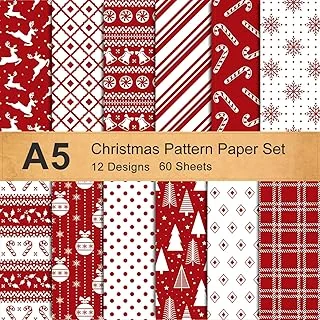 12 Designs Christmas Pattern Paper A5 Size 60 Sheet Snowflake Reindeer Christmas Tree Glossy Pattern Paper White Red Decorative Craft Paper Double-Sided Folded Flat for Card Making Scrapbook