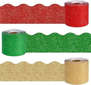 196.9Ft Christmas Glitter Bulletin Board Border Decorations 3 Rolls Red Green Gold Shine Die-Cut Bulletin Board Strips Xmas Rolled Trim Stickers for School Classroom Office Chalkboard