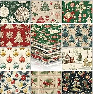 10Pcs Christmas Cotton Fabric Bundles Vintage Christmas Tree Snowflake Holly Berries Fat Quarters Xmas Winter Quilting Patchwork for DIY Sewing Craft Decor, 18 x 22 Inch