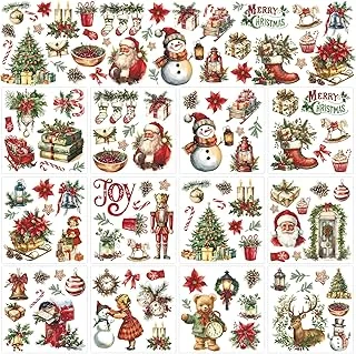 12 Sheet Christmas Rub on Transfer for Crafts Rub on Transfer Stickers Vintage Santa Snowman Xmas Tree Furniture Decals for Home Office Paper Wood DIY Crafts, 5.9 x 5.9 Inch