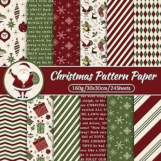 24 Pack Christmas Pattern Paper 30x30cm Red Green Textured Scrapbook Paper Double-Sided Xmas Craft Papers Folded Flat for DIY Background Card Making Scrapbook Photo Album Decor, 12 Designs