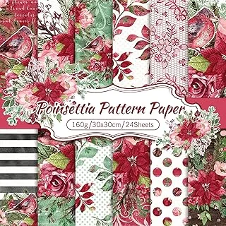 Christmas Scrapbook Paper Watercolor Poinsettia Pattern Paper 24 Pack Double-Sided Xmas Floral Craft Paper Folded Flat for DIY Card Making Scrapbook Photo Album Decor, 12 Designs 11.8x11.8inch