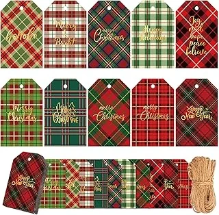 100Pcs Christmas Gift Tags Rope Gold Foil Buffalo Plaid Craft Paper Tags Holiday Hang Labels with Twine for DIY Xmas Present Happy New Year Party Decoration, 10 Styles