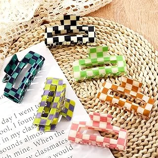 6 Pack Checkered Hair Claw Clips Strong Hold Rectangle Hair Claw Multicolored