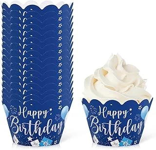 36Pcs Happy Birthday Cupcake Wrappers Blue Silver Birthday Cupcake Liners