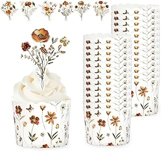 100Pcs Fall Cake Decorations Wildflower Cupcake Liners with Cake Toppers