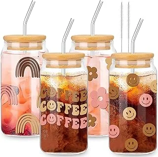 4Pcs Boho Ice Coffee Cup with Bamboo Lids and Straws, 16oz Retro Groovy