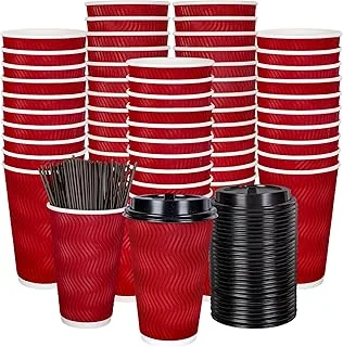 100Pcs-16 oz Insulated Disposable Coffee Cups with Lids and Straws Red